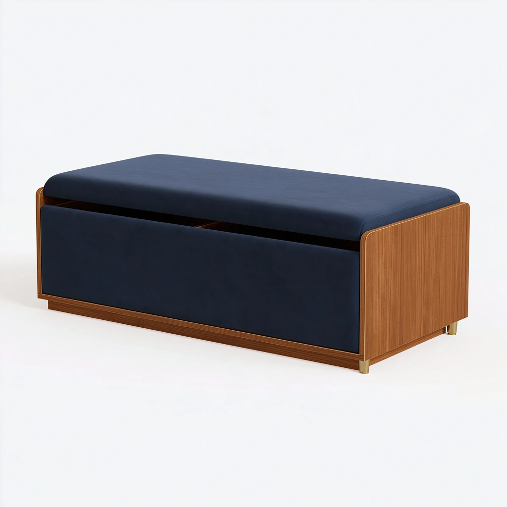 Aufbewahrungsbank 120 x 45 x 48 cm aus Holzwerkstoff und Stoff in Dunkelblau Braun - gepolsterte Sitzbank mit Stauraum