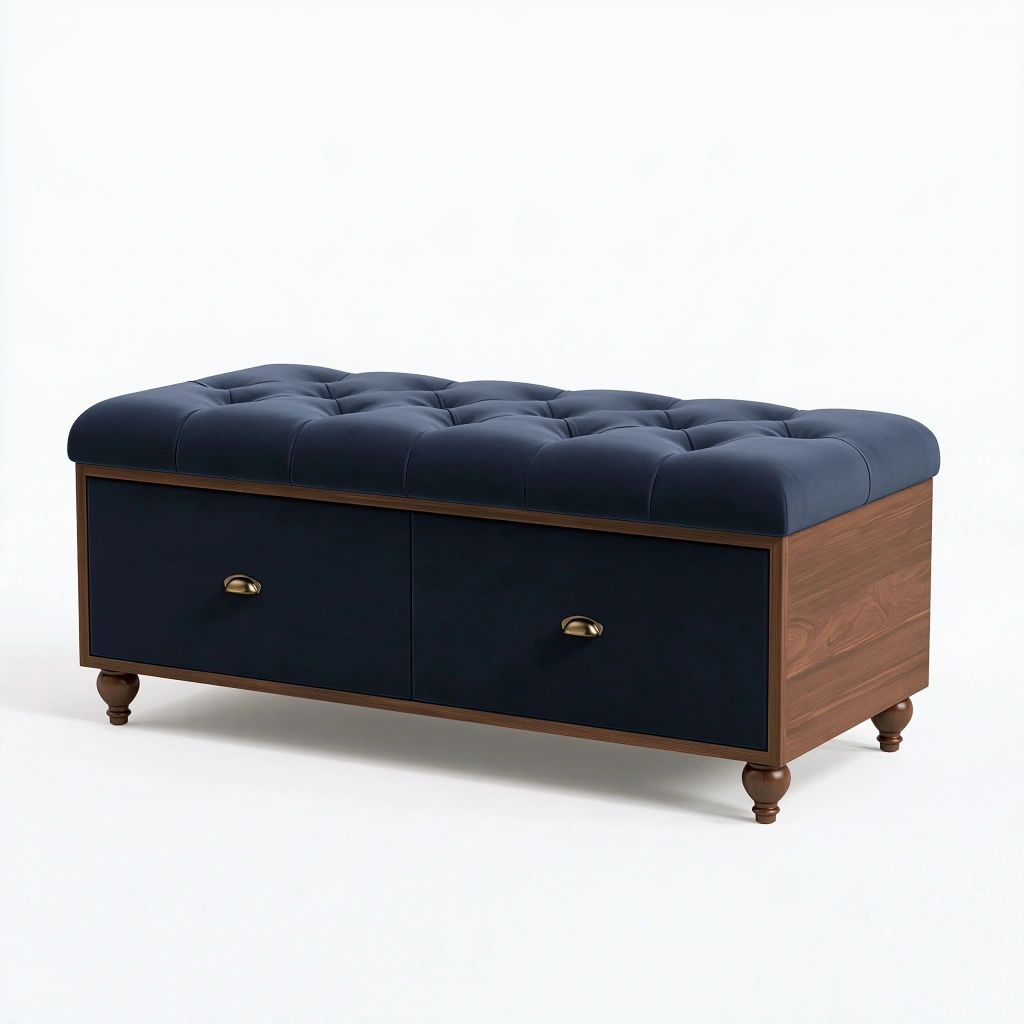 Sitzbank mit Stauraum 120 x 45 x 50 cm Holz Textil Dunkelblau Walnussfarben klassisch