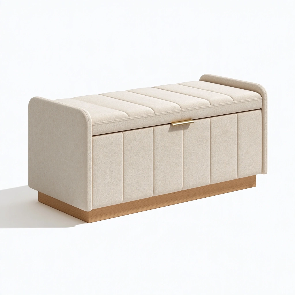 Sitzbank mit Stauraum 120 cm - beige Stoffbezug mit Holzsockel gepolstert