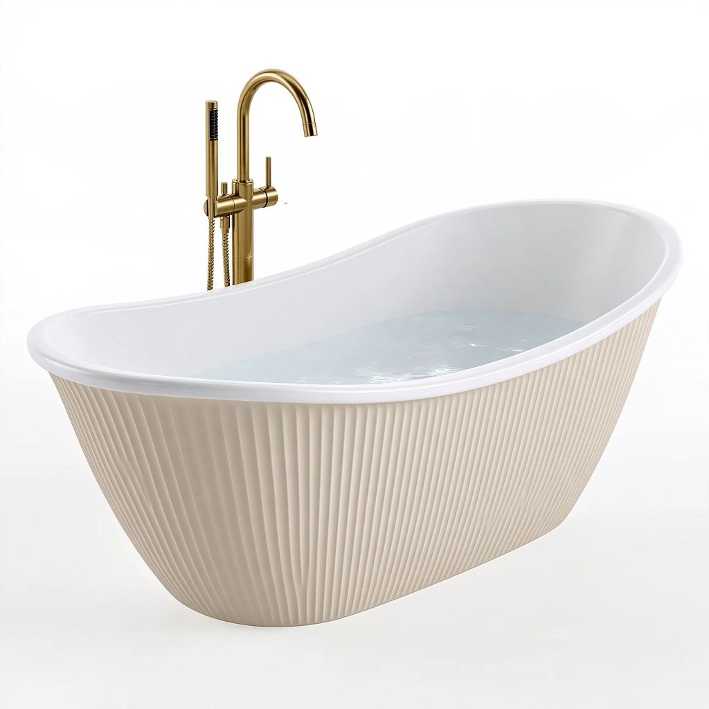 Freistehende Badewanne 170 x 75 cm Acryl Weiß Beige geriffelt
